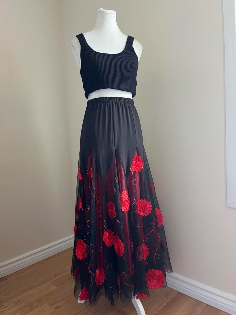 Black Maxi Skirt with Red 3D Floral Embroidery